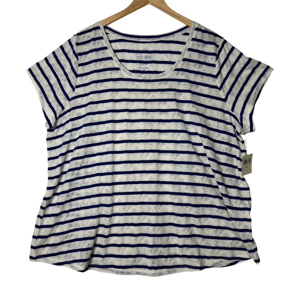 Womens Lucky Brand Blue White Striped Semi Sheer Lace Tee Shirt Top Size 3X NWT